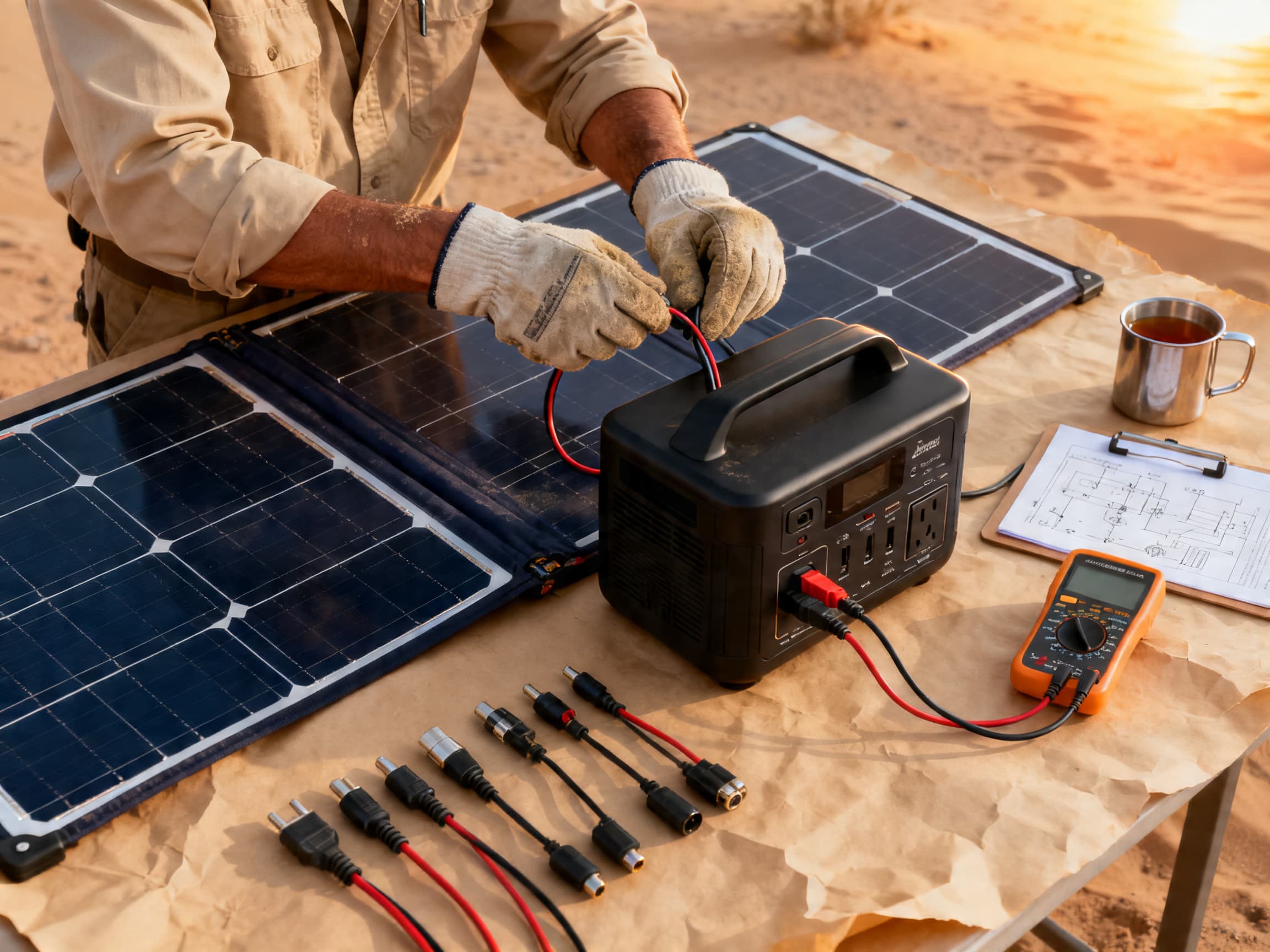 A field engineer wiring an unbranded portable power station to a folded solar panel on a desert workbench