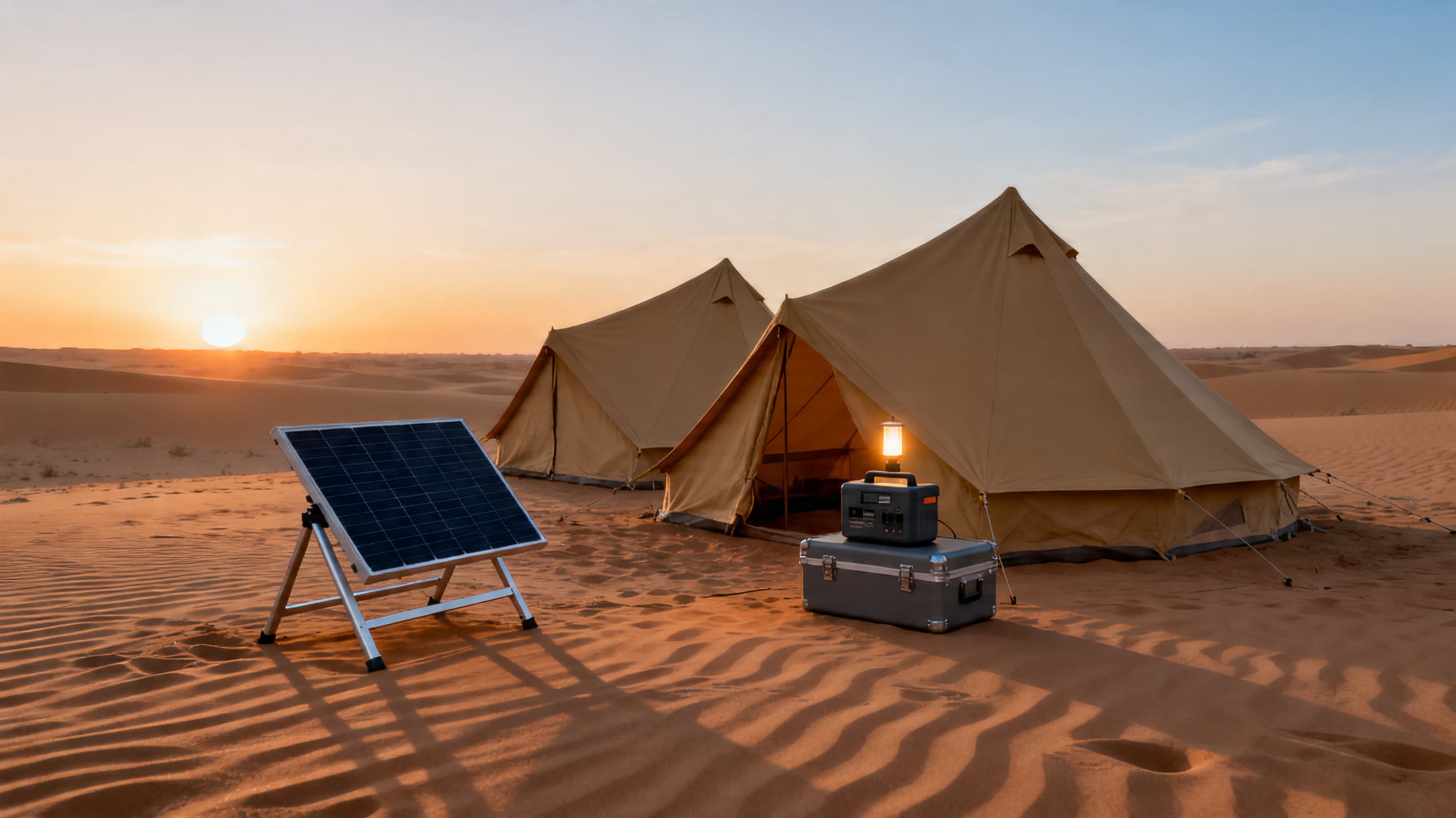 A field encampment at sunrise in the desert with a portable solar array and unbranded power station — calm humanitarian energy infrastructure