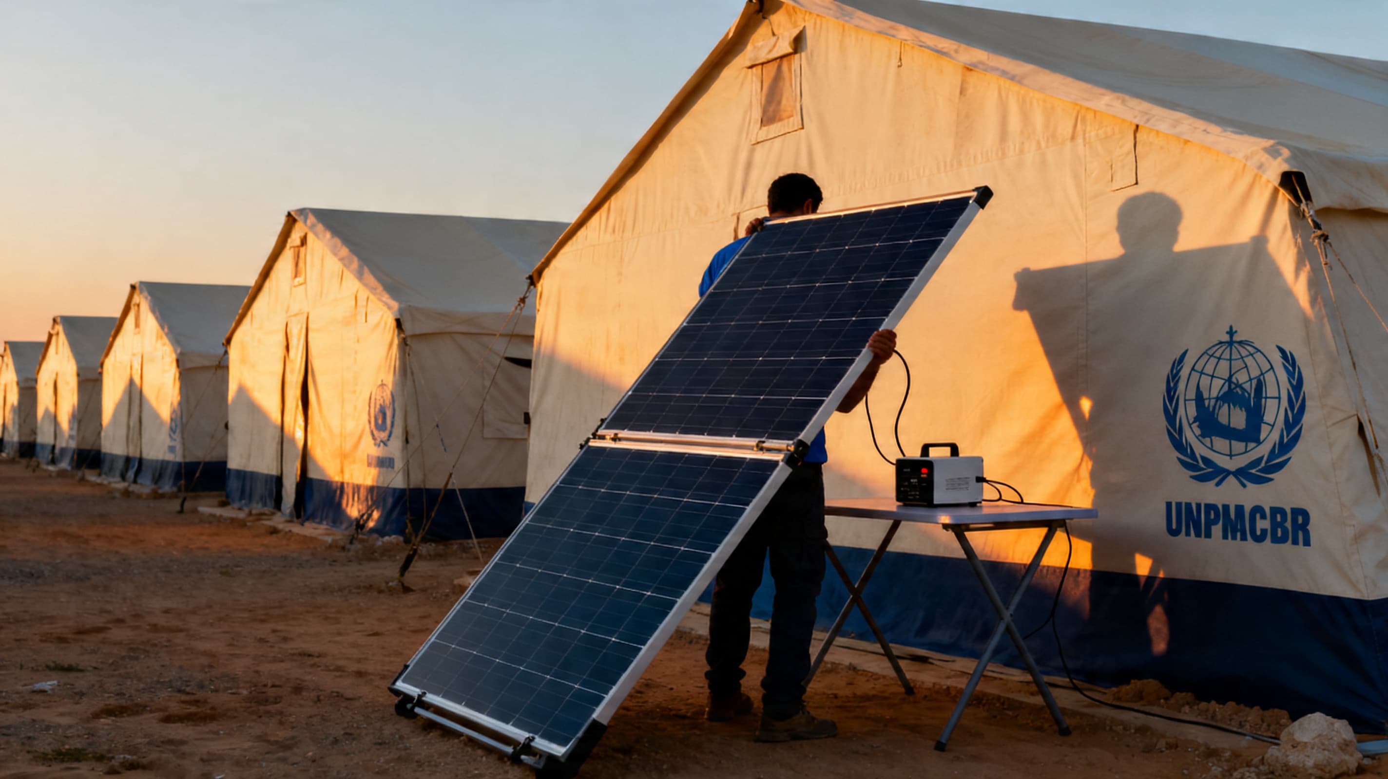 Nuria Solar Folding Panel deployed in a real Middle East scenario — Lightweight foldable monocrystalline panels, sized for kits and ready for parcel air-freight.