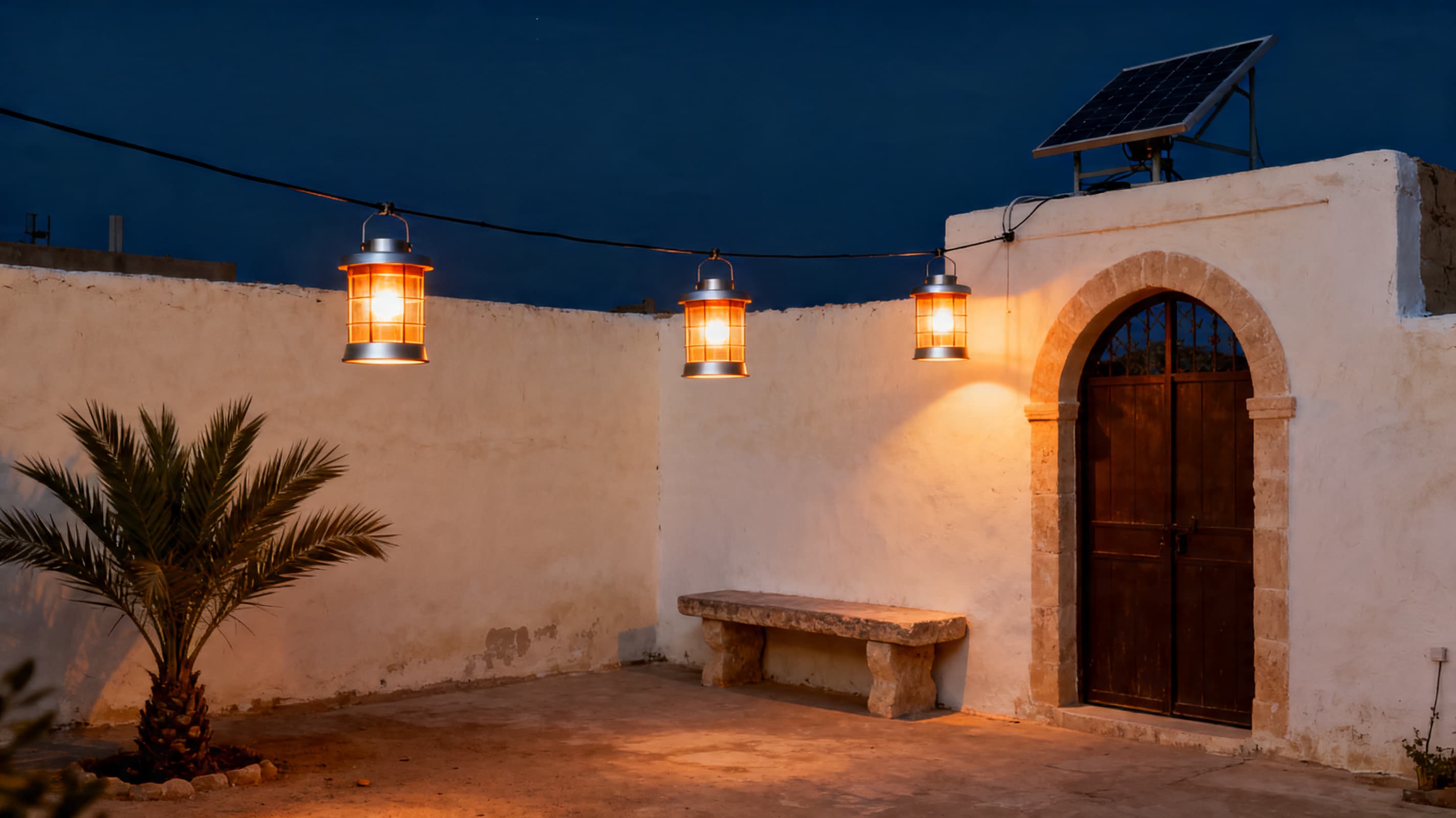 Suhail Solar Lighting deployed in a real Middle East scenario — Standalone solar lanterns, courtyard lights and indoor LED replacements — no wiring required.