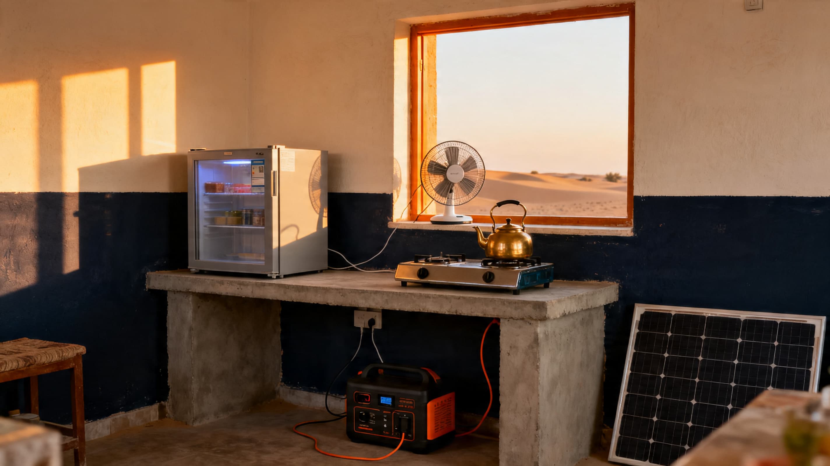 Watiqa DC Appliances deployed in a real Middle East scenario — Brushless DC fans, mini-fridges and lamps designed to run direct from solar — no inverter losses.