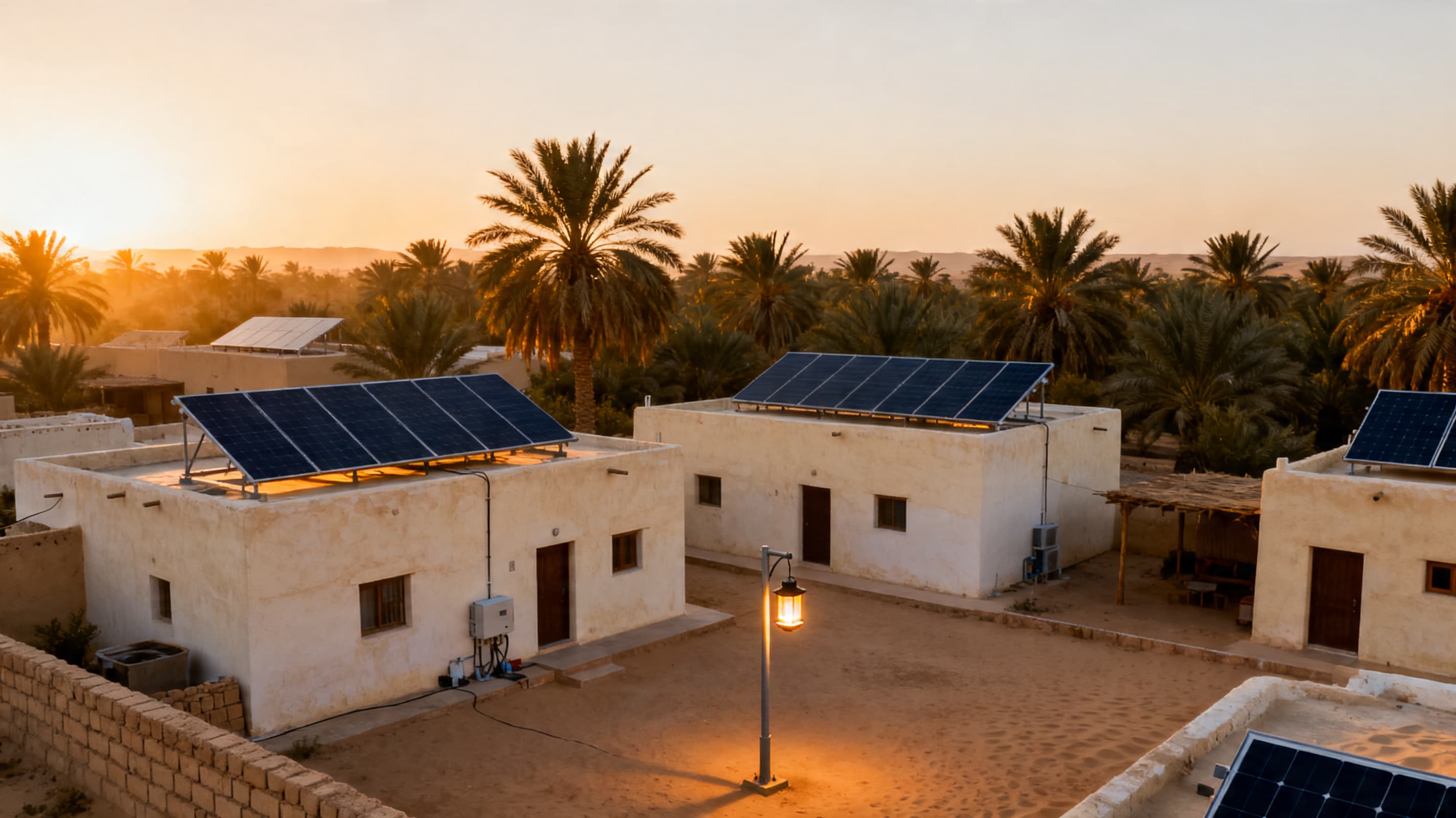 An off-grid Bedouin-style oasis village with rooftop solar arrays at golden hour